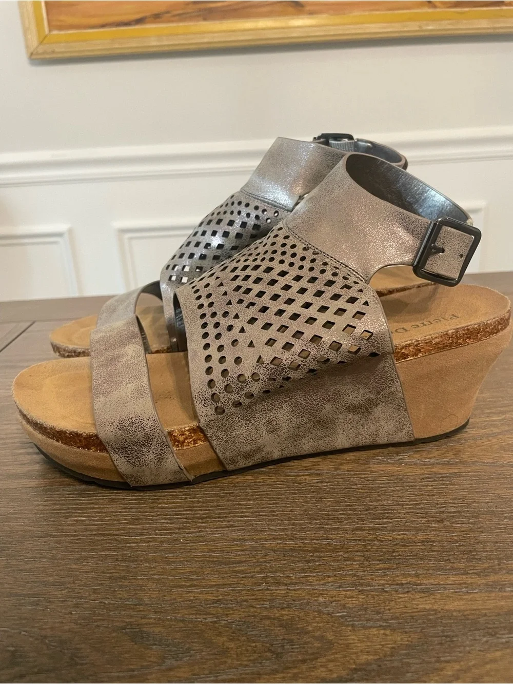 Pierre Dumas Metallic Gray Perforated Wedge Sandals